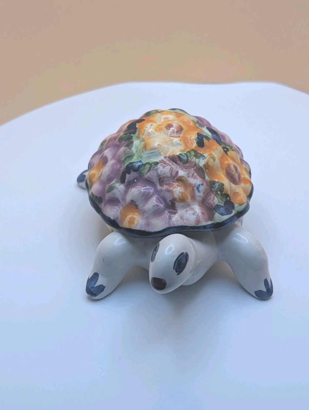 Vintage Porcelain Trinket Box Turtle Figurine Floral Ring Holder Paint/Portugal